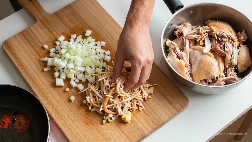 Luchtfoto van een keuken tijdens de bereiding van kip.