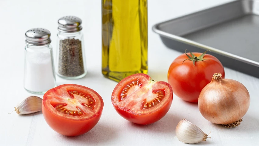 Ingrediënten en keukengerei voor het roosteren van tomaten.