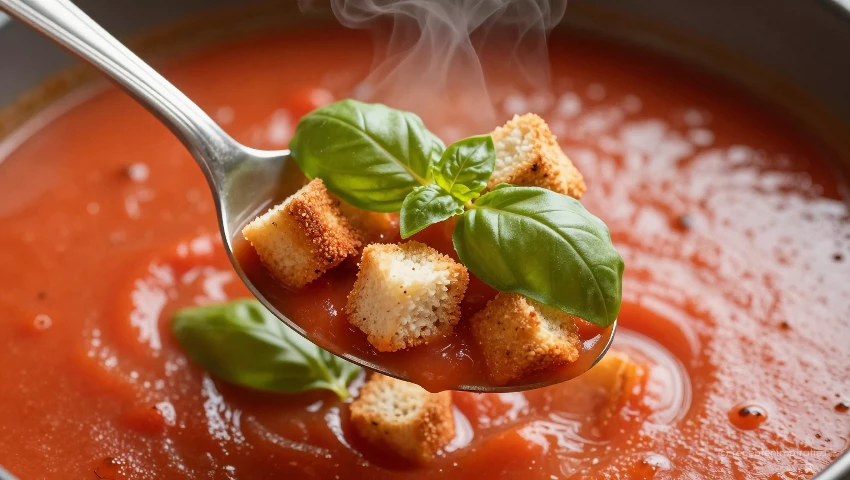Detailopname van een lepel tomatensoep met croutons.
