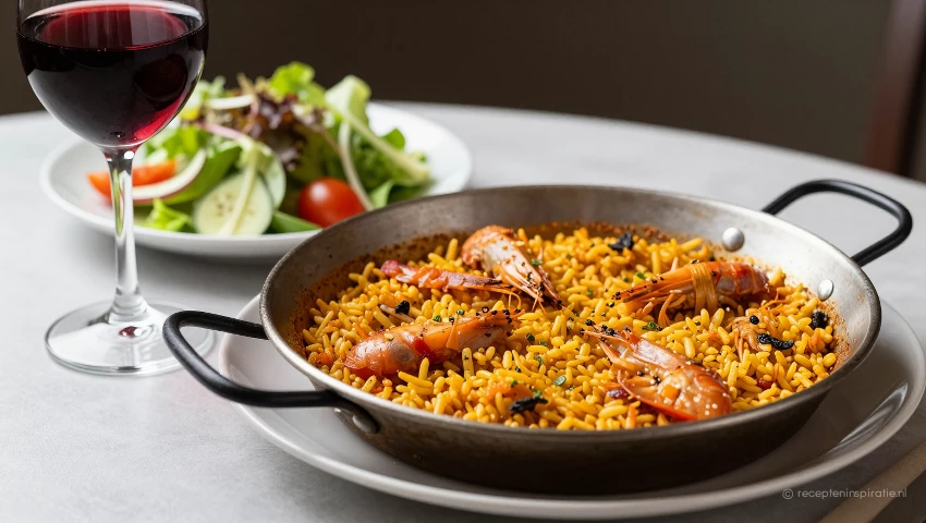 Paella op een bord, wijn en salade, rustige compositie.