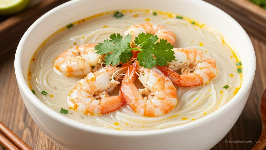 Kom Thaise kokosnoedelsoep met garnalen.