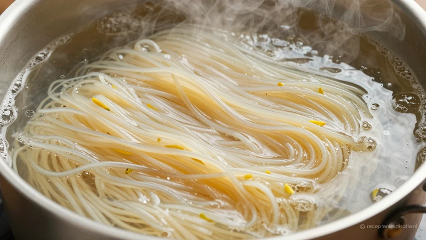 Rijstnoedels koken in een pan met damp.