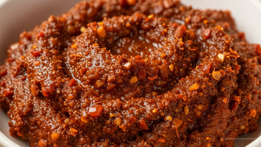 Close-up van rode currypasta, detail.