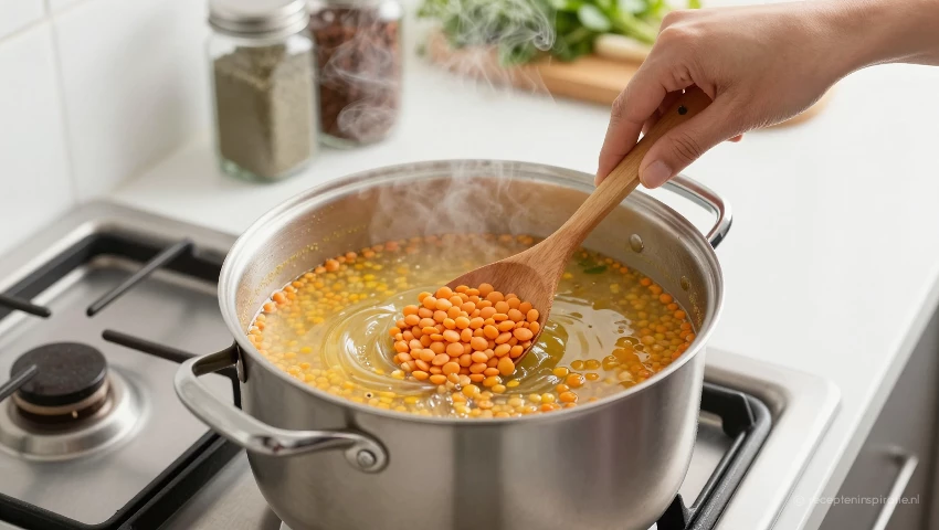 Kok roert in een pan met linzen en bouillon.