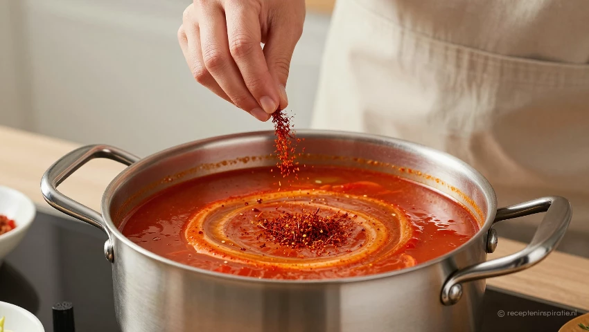 Persoon voegt paprika toe aan tomatensoep, artistieke sfeer.