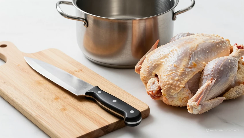 Snijplank, mes, pan en kip op een aanrecht.