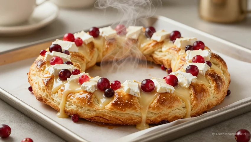 Versgebakken kerstkrans met brie en cranberries.