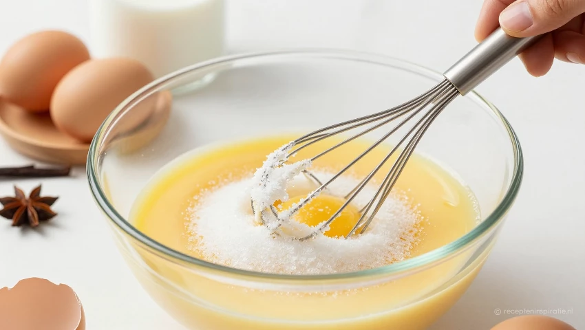 Het maken van custardmengsel in een grote kom.