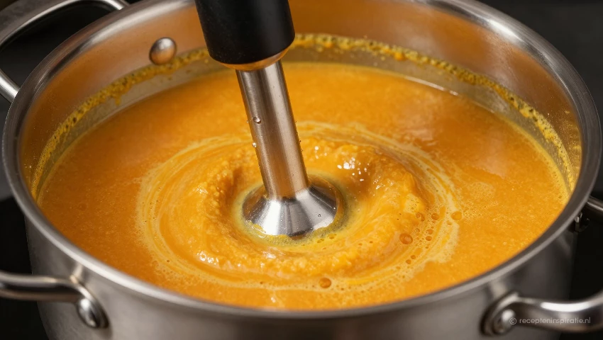 De soep is glad en romig door de blender.