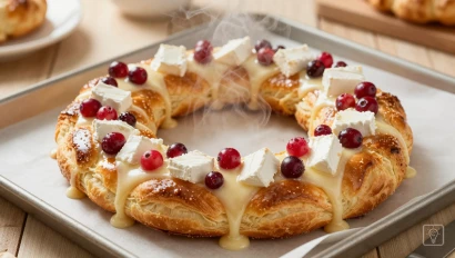 Versgebakken kerstkrans met brie en cranberries.
