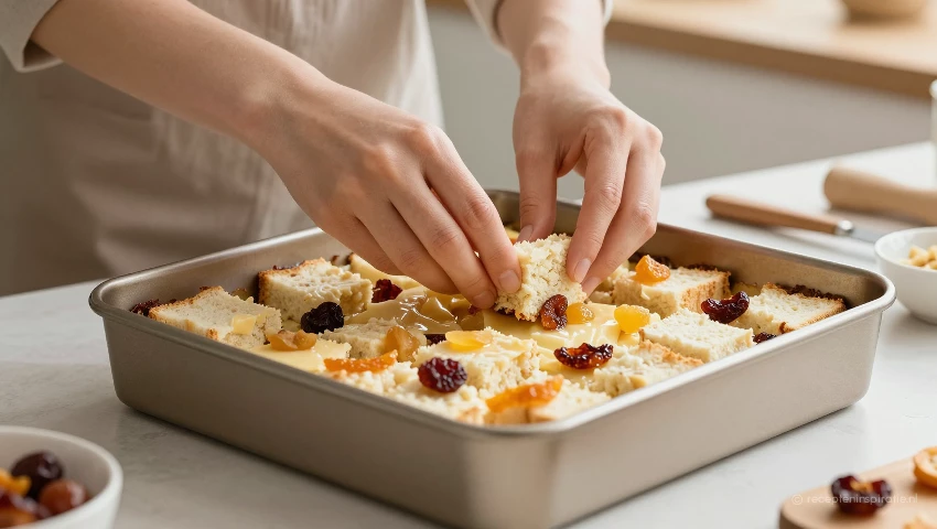 Iemand assembleert kerstbroodpudding in ovenschaal.