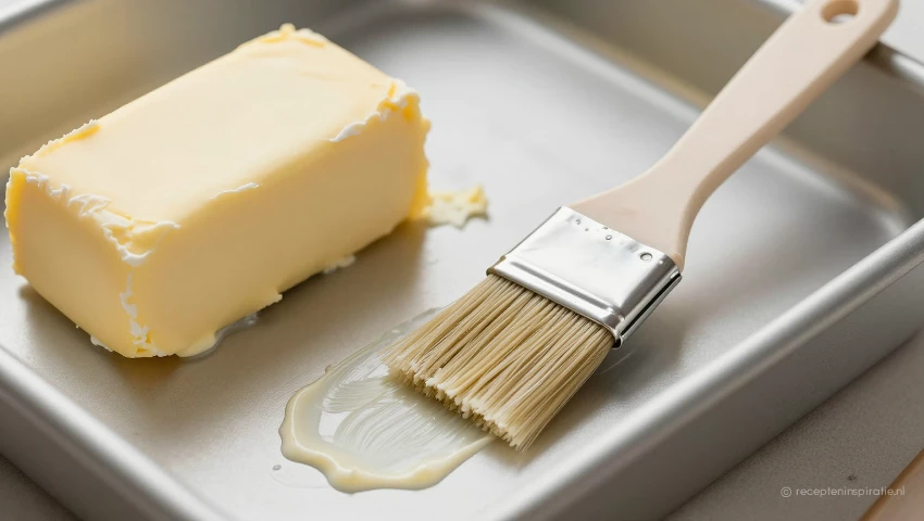 Keuken gereedschap en ingrediënten voor het invetten van ovenschaal.