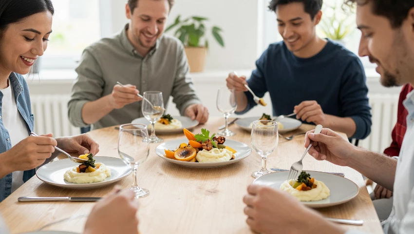 Mensen genieten van een maaltijd met schorsenerenpuree.