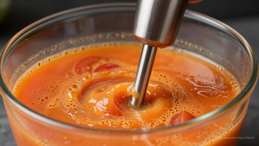 Close-up van een staafmixer in de soep.
