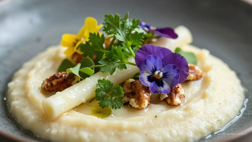 Schorsenerenpuree gegarneerd met kruiden, noten en bloemen.