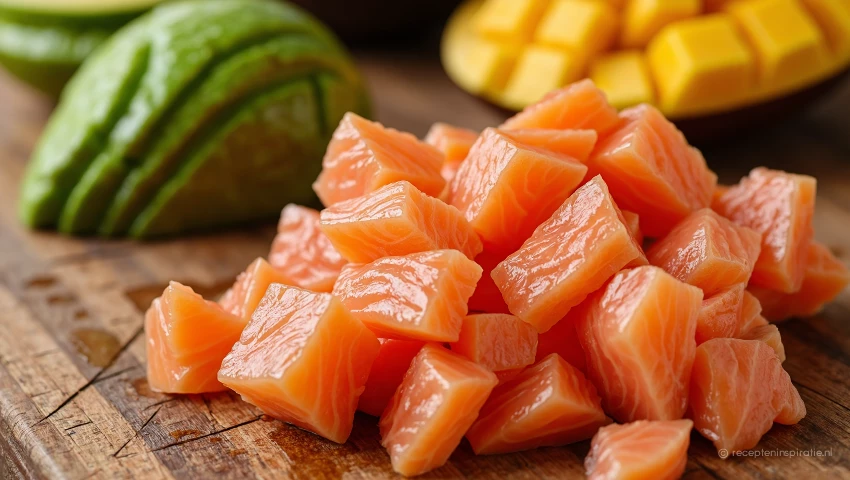 Gedetailleerde foto van gesneden zalm, mango en avocado.
