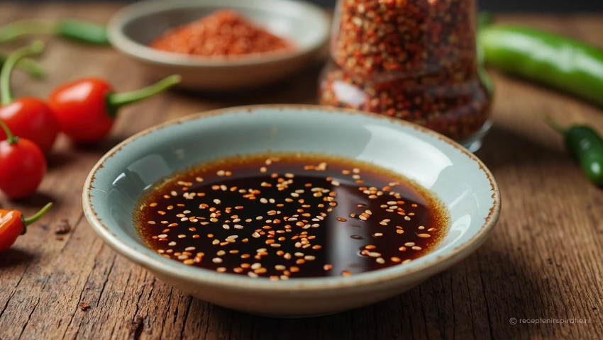 Mengsel van sojasaus en sesamolie in een kom.