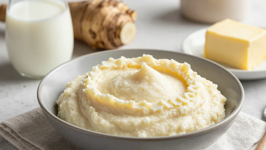 Schorsenerenpuree met melk en boter in een rustieke keuken.