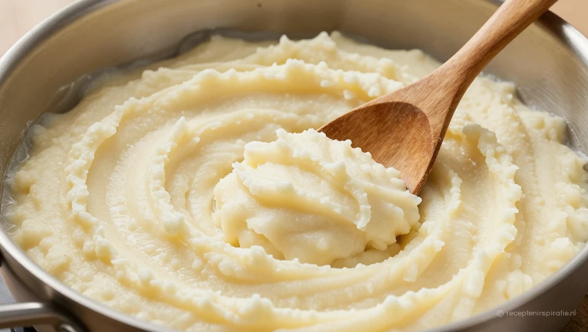 Close-up van romige puree in een pan, met een houten lepel.
