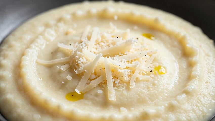 Macro van Parmezaanse kaas in puree, met druppels truffelolie.