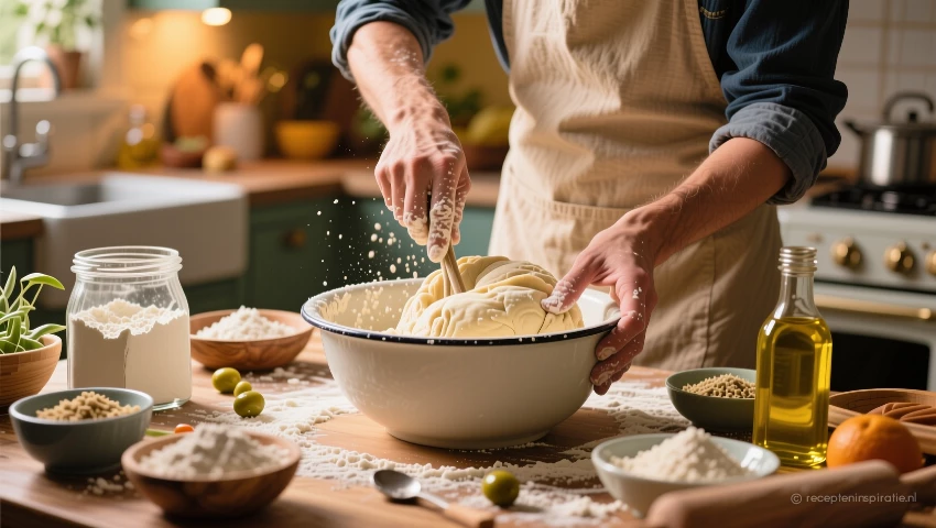 Mensen mengen deeg in een kom met ingrediënten.