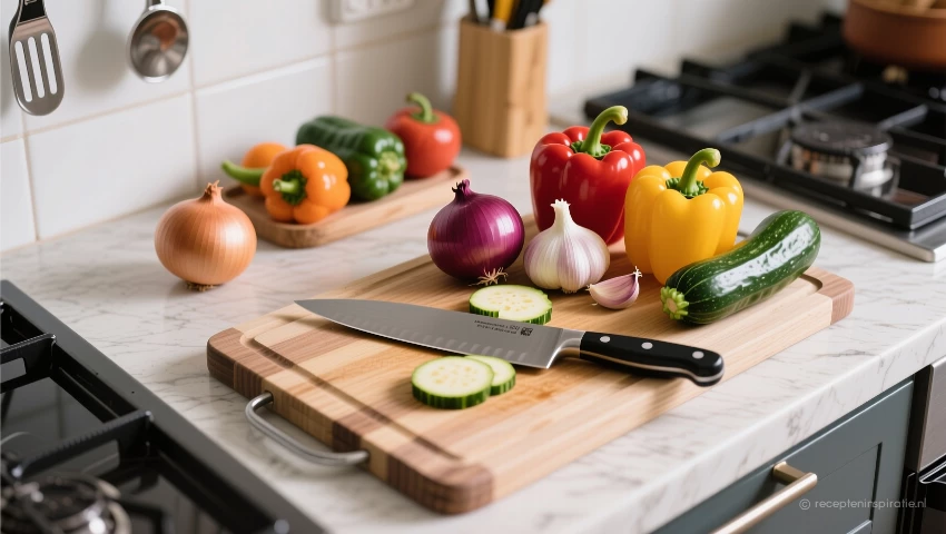 Snijplank, mes en groenten klaar om te snijden.