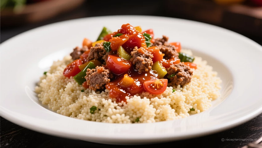 Couscous met tomatensaus, gehakt en groenten op een bord.