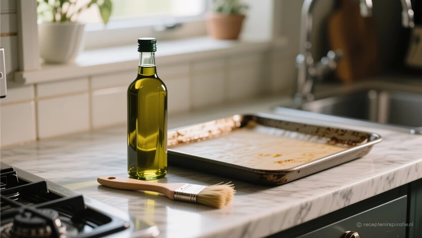 Olijfolie, bakplaat en kwast op een aanrecht.