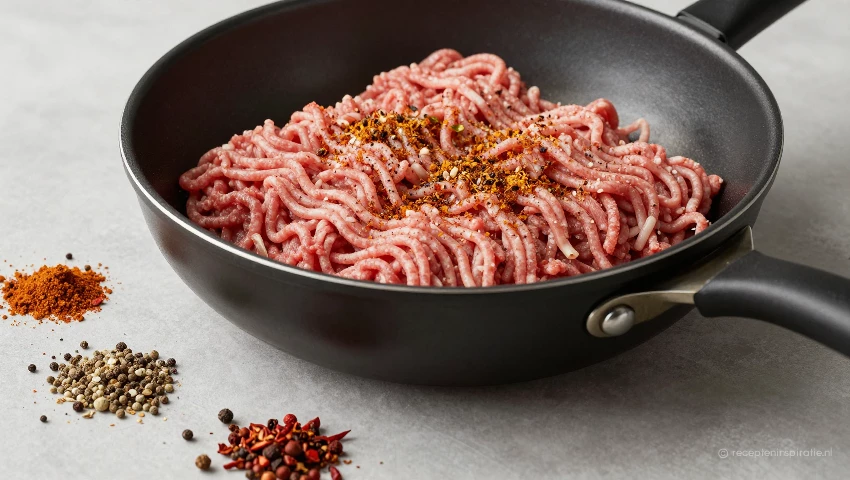 Koekenpan met gehakt en kruiden op een aanrecht.