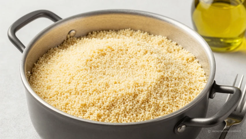 Pan met couscous, vork en olijfolie op een aanrecht.