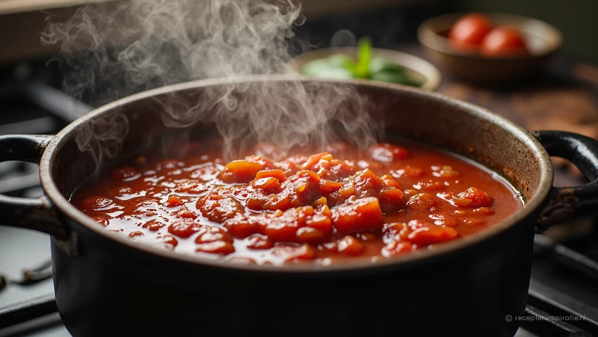 Zijaanzicht van kokende tomatensaus met stoom.