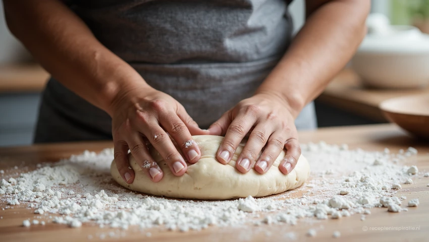 Handen kneden het deeg op een aanrecht.