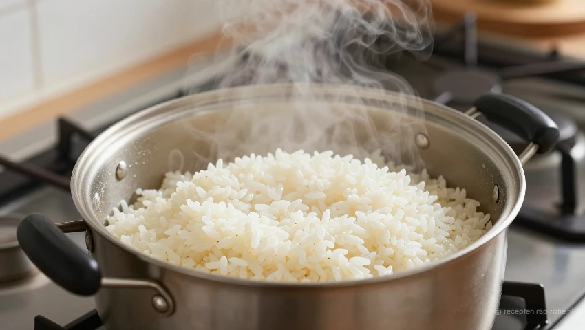 Koken van sushi rijst in een pan op het fornuis.