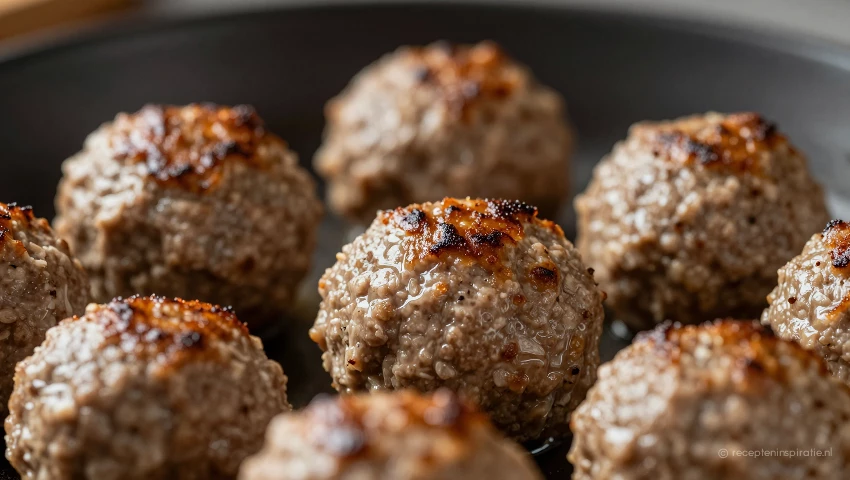 Close-up van kleine, bruin gebakken gehaktballetjes.