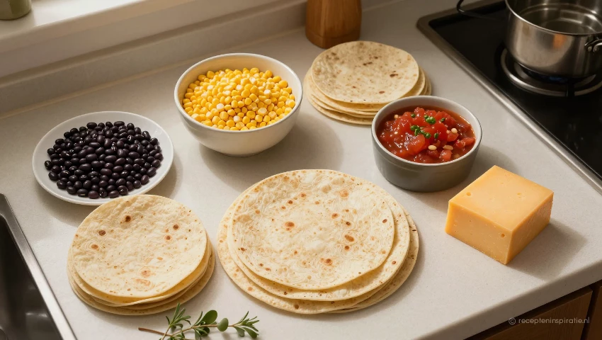 Ingrediënten voor tortillataart vanuit vogelperspectief.