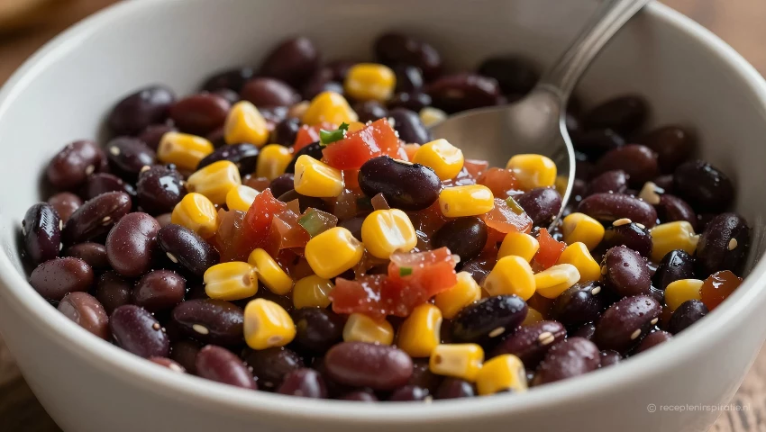 Kom met zwarte bonen, mais en salsa.