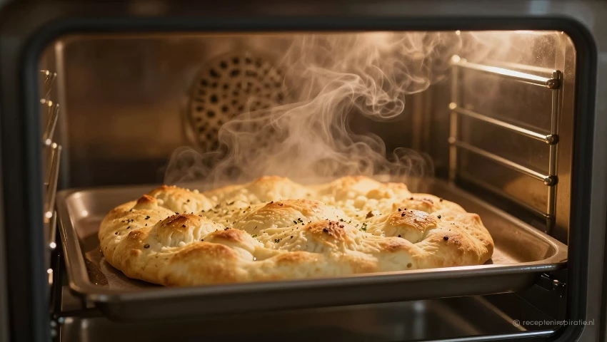 Focaccia bakt in een oven.