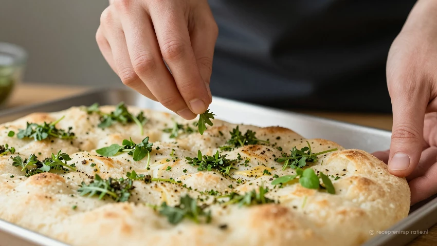 Iemand voegt verse kruiden toe aan focaccia.