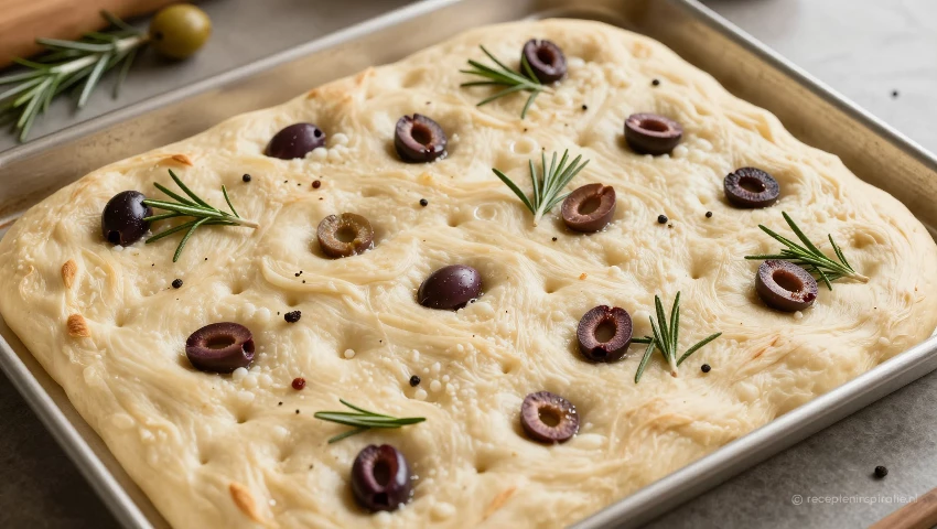Van boven een focaccia met olijven en rozemarijn.