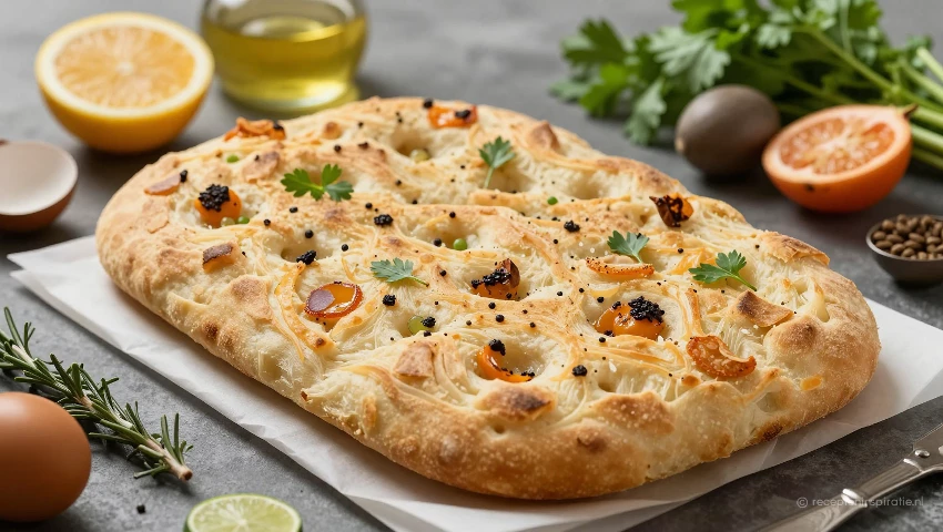 Een aantrekkelijke focaccia met ingrediënten.