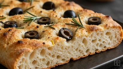 Een stuk focaccia met olijven en rozemarijn.