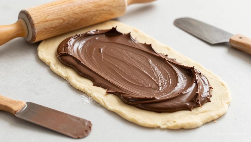 Deeg wordt uitgerold en gevuld met chocolade.