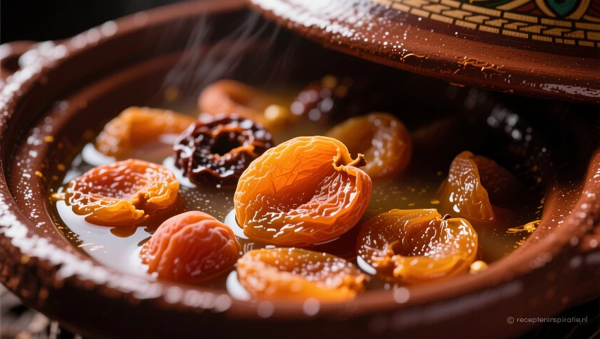 Gedroogde abrikozen in bouillon in een tajine.