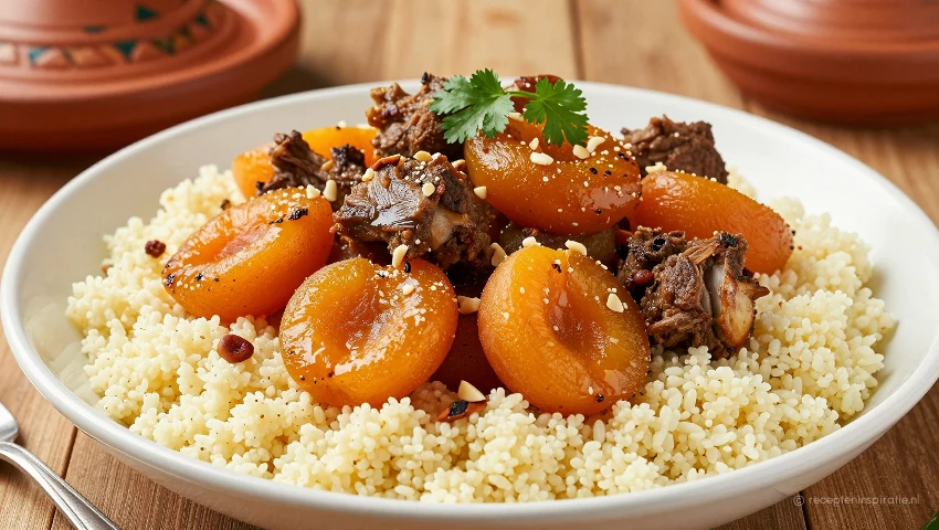 Geserveerde Marokkaanse Tajine met lamsvlees en abrikozen.