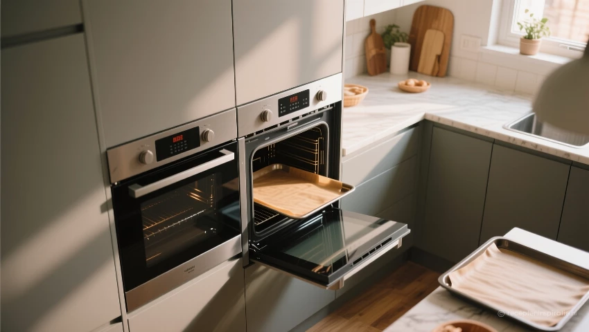 Luchtfoto van een moderne keuken met een oven en bakplaat.