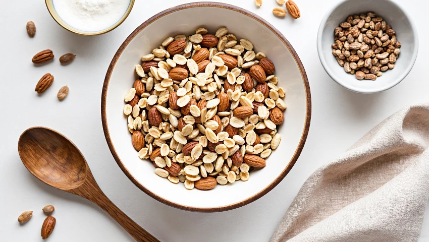 Ingrediënten voor granola, inclusief havermout, noten en een lepel.