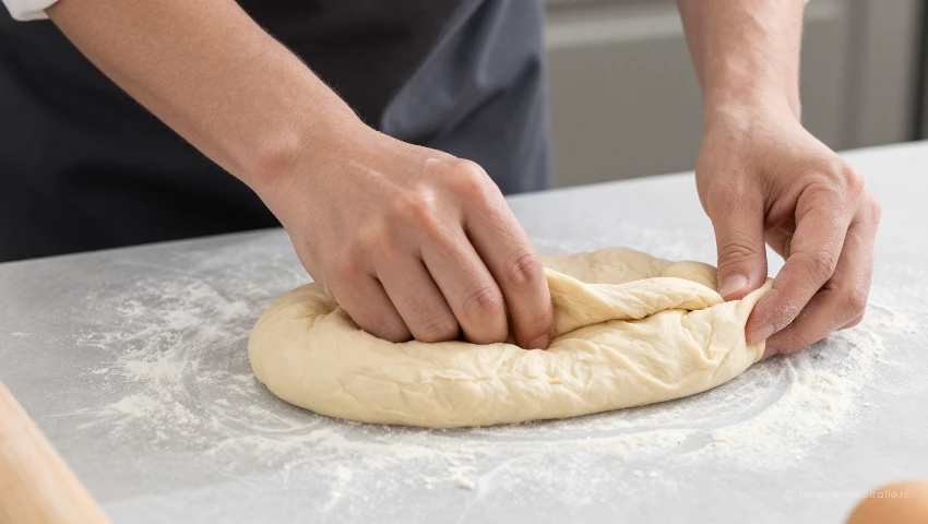 Bakker voert 'stretch and fold' uit op zuurdesemdeeg.