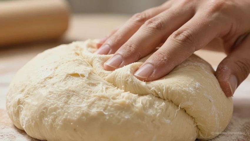Close-up van kneedwerk, focus op de glutenontwikkeling.
