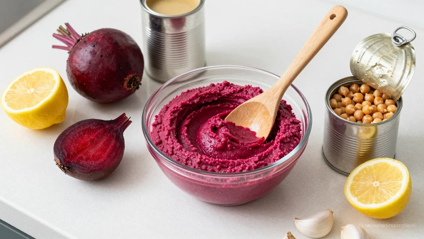 Bovenaanzicht van ingrediënten voor rode bieten hummus op aanrecht.