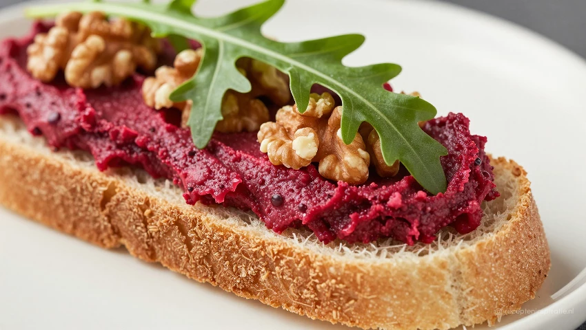 Close-up van sandwich met rode bieten hummus, rucola en walnoten.